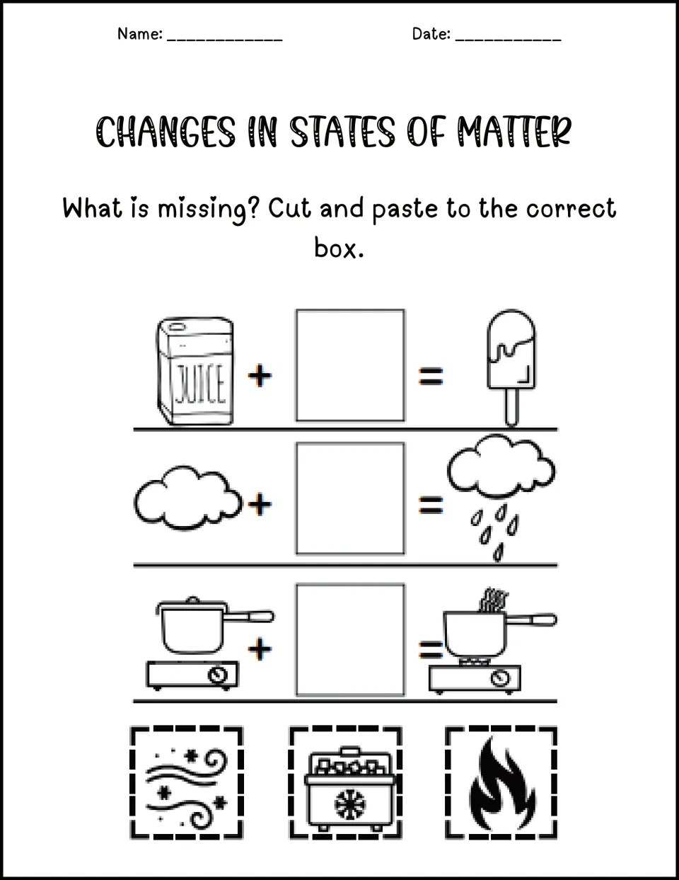 Heating and cooling changes: students paste cold wind, cooler or fire cards to freeze juice, make rain and boil a pot