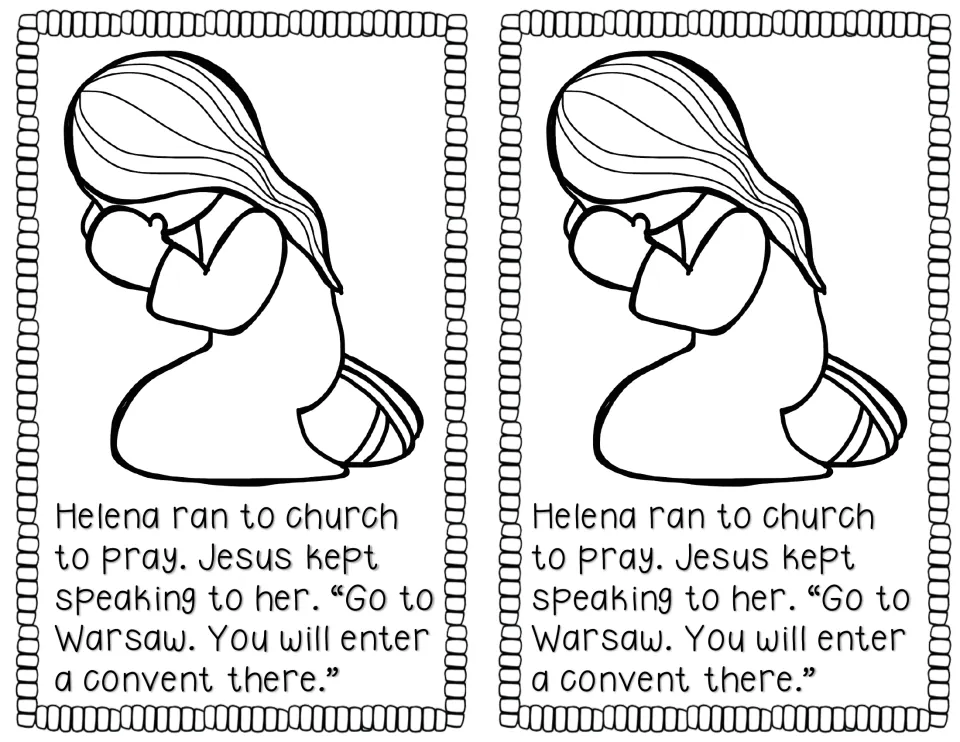 Reader page 5: Helena prays in church, and Jesus tells her to enter a convent in Warsaw; printed twice
