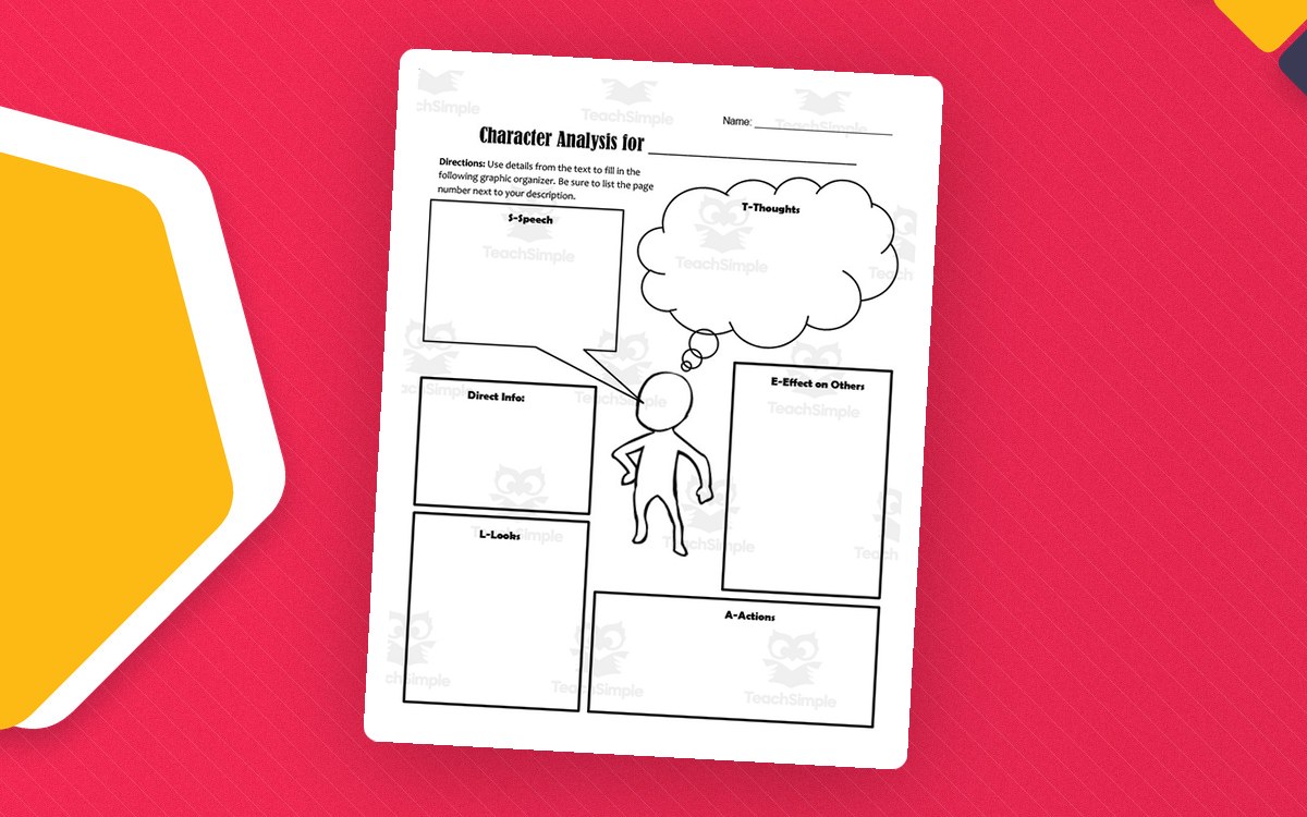 Character Analysis sheet with a central figure and STEAL boxes for speech, thoughts, effect on others, actions, and looks.