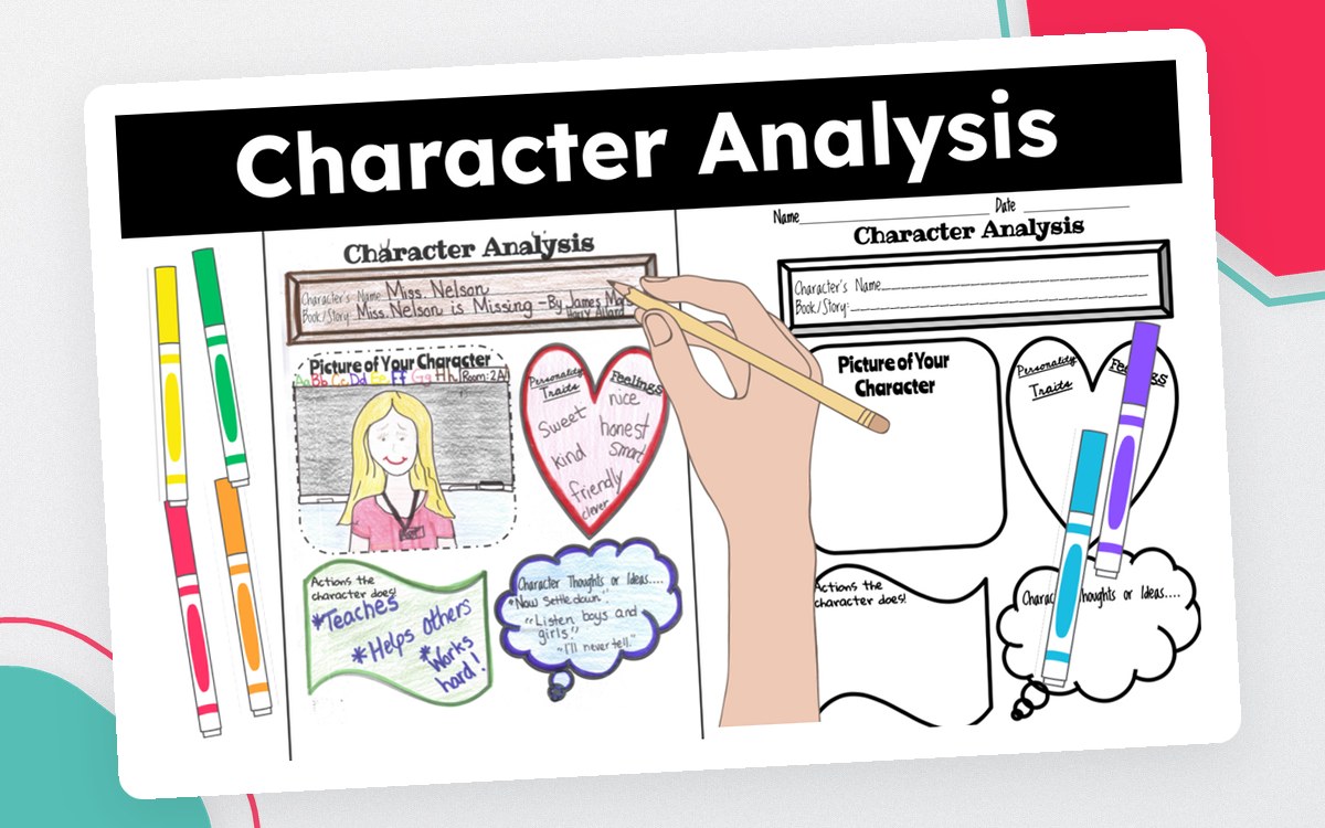 Character-analysis cover showing a completed example and blank organizers beside pencils.