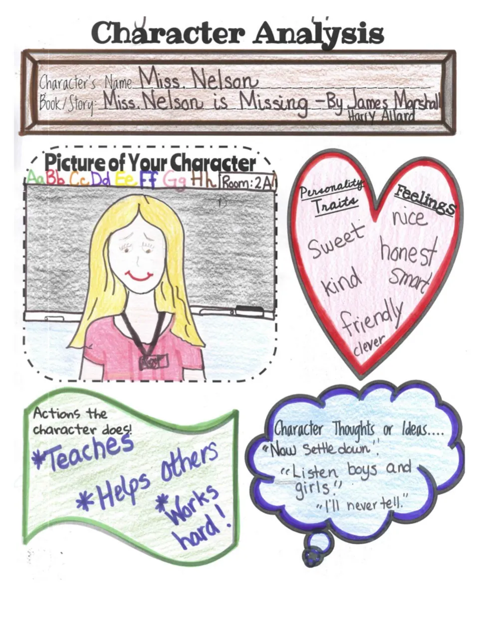Completed example for Miss Nelson Is Missing: drawing, traits like kind and honest, actions and quoted thoughts