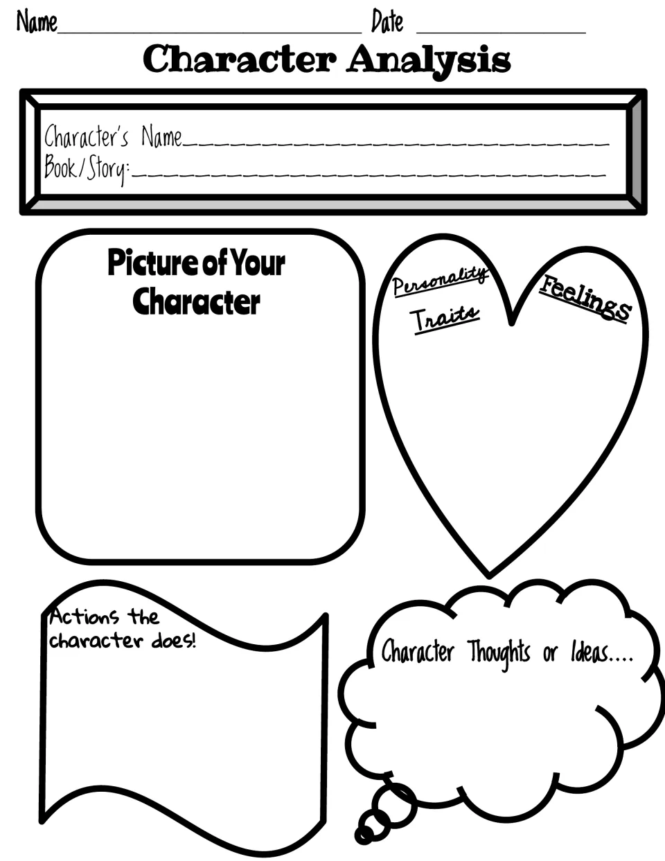 Black-and-white version: students record a story character's traits, feelings, actions and thoughts, then sketch them