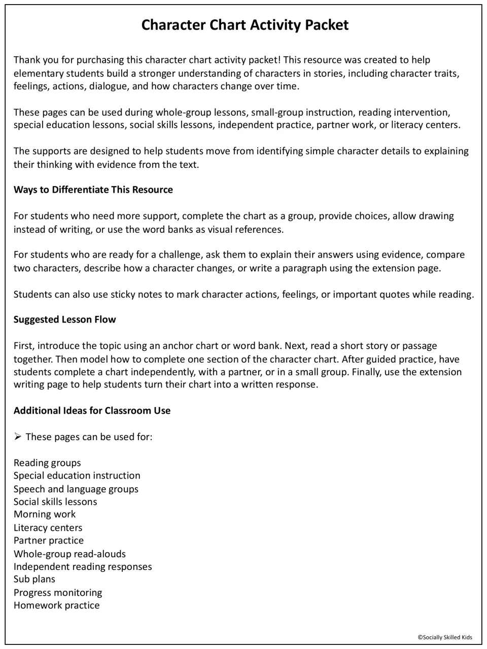 Teacher notes for the character chart packet: ways to differentiate, a suggested lesson flow and a list of classroom uses
