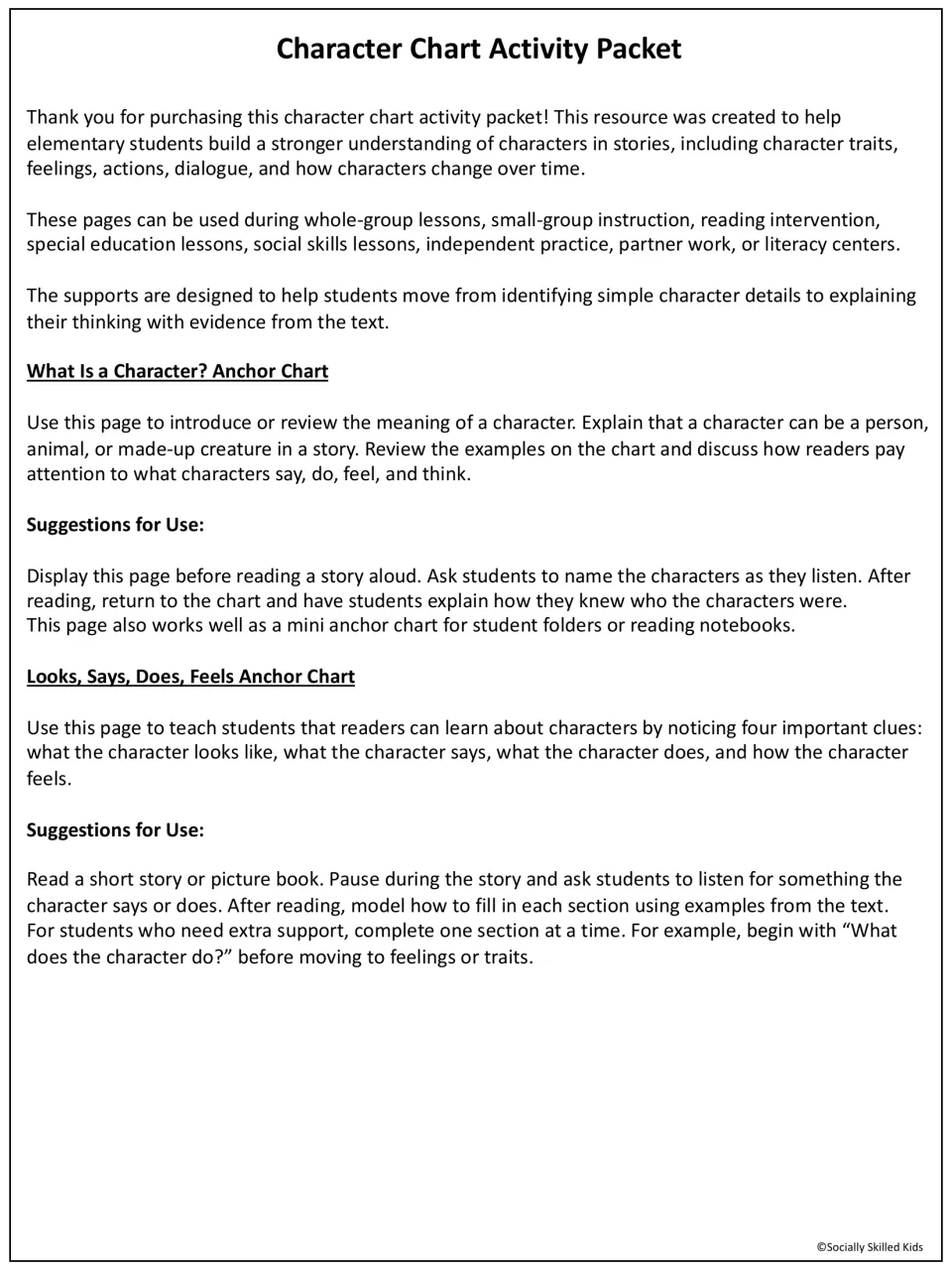 Teacher guide to two anchor charts, What Is a Character? and Looks, Says, Does, Feels, with tips for using each one