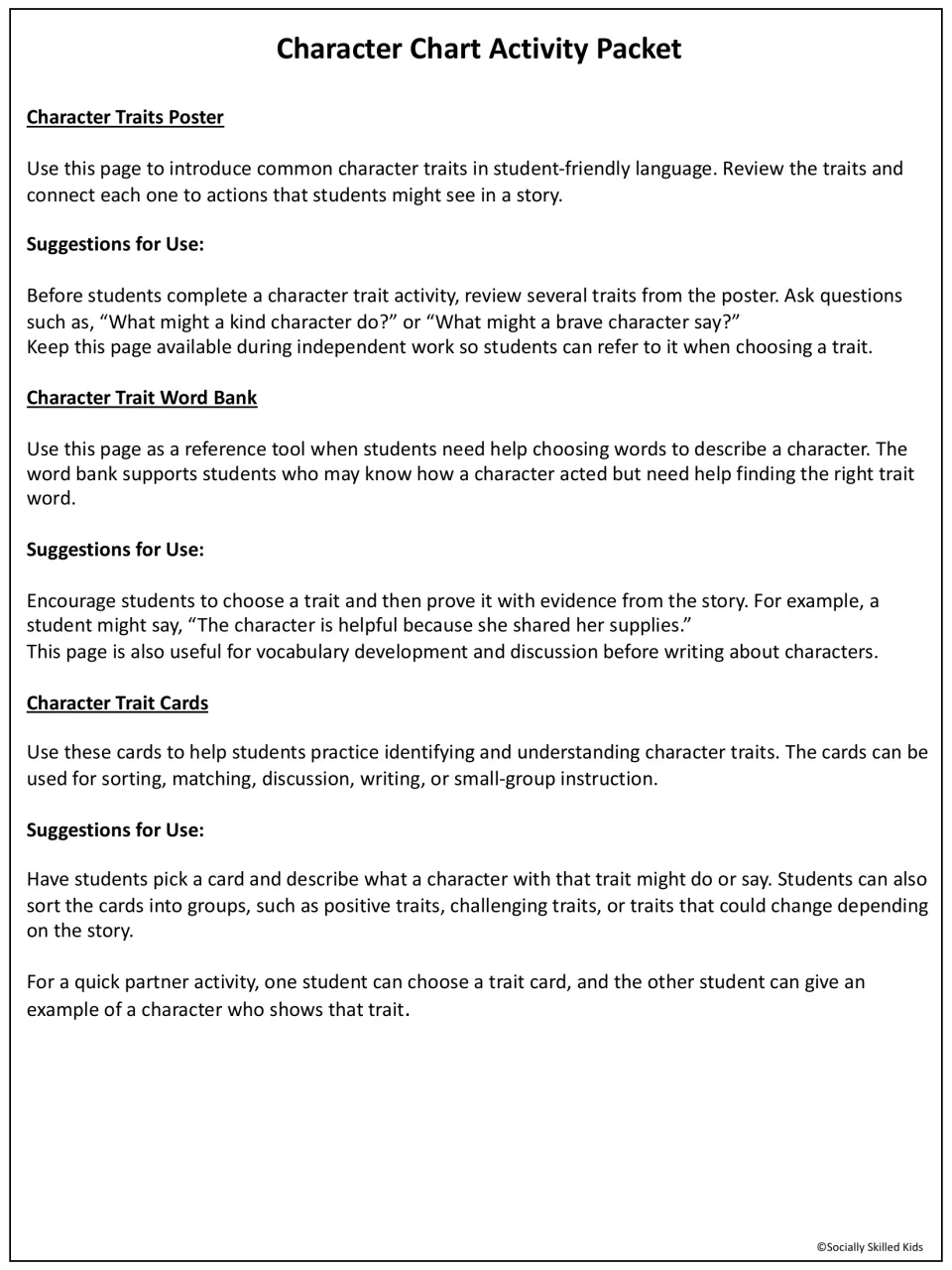 Teacher notes on the character traits poster, trait word bank and trait cards, with sorting and partner activity ideas