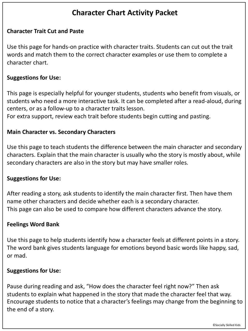 Teacher notes for the trait cut and paste, main vs. secondary characters page and feelings word bank, with use suggestions