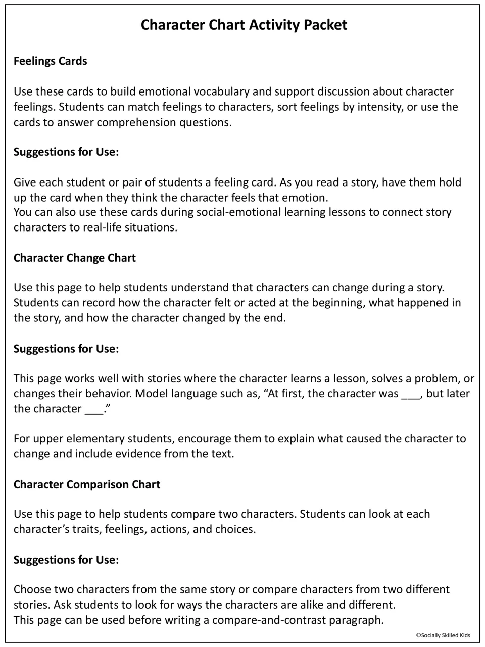 Teacher notes for feelings cards, a character change chart and a character comparison chart, with a sentence frame model