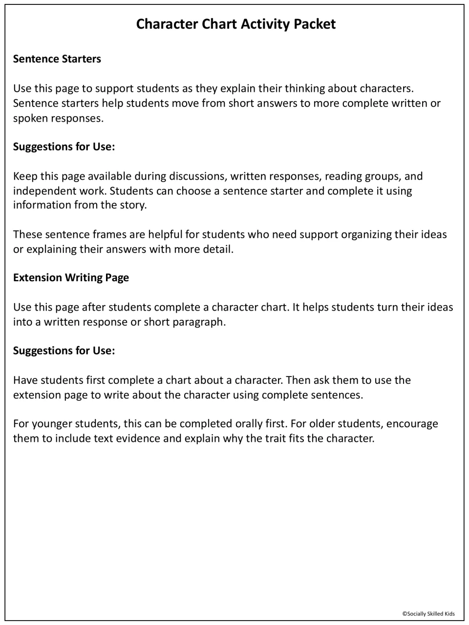 Teacher notes on sentence starters and the extension writing page, turning a completed chart into a written paragraph