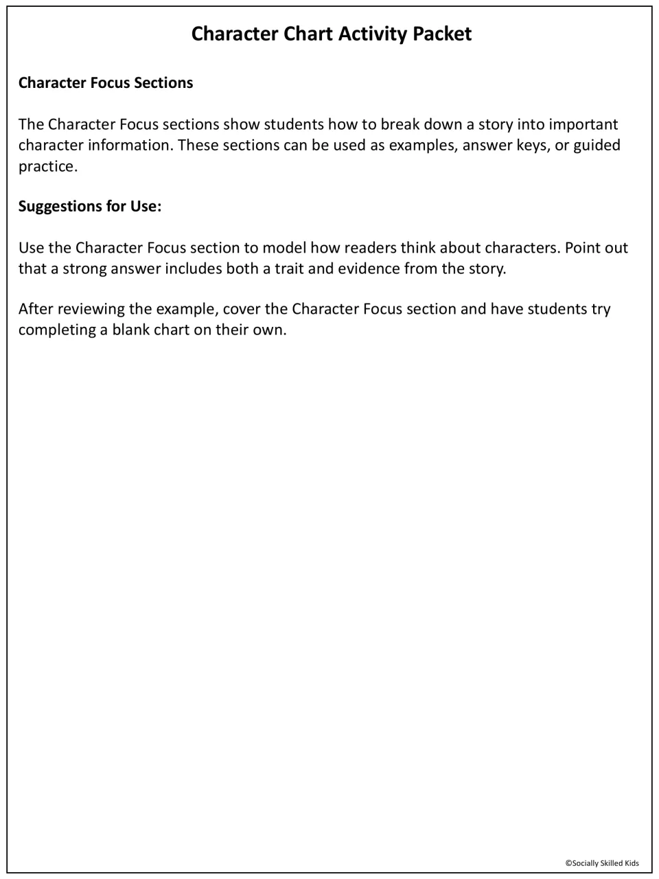 Teacher notes on Character Focus sections, used as examples or answer keys to model pairing a trait with story evidence