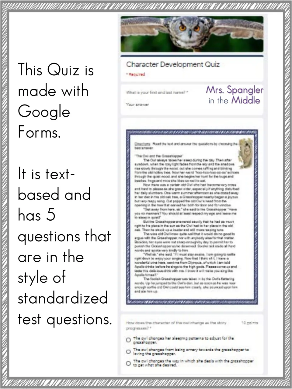 Quiz overview: a text-based Google Forms quiz with 5 standardized-test-style questions on an owl and grasshopper fable