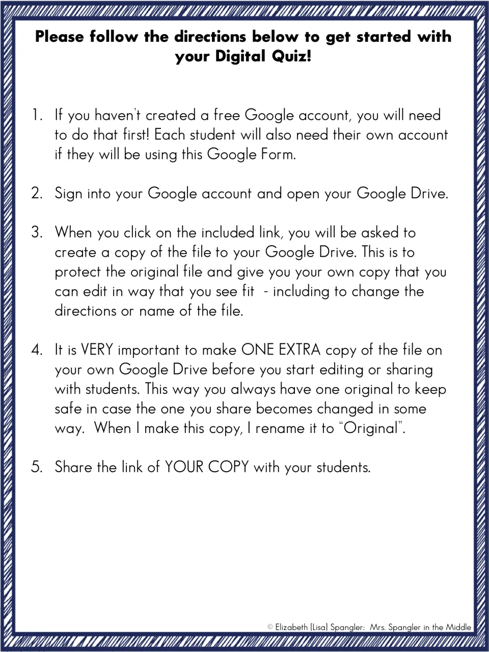 Setup directions for the digital quiz: create a Google account, copy the file to Drive, keep an original, share your copy