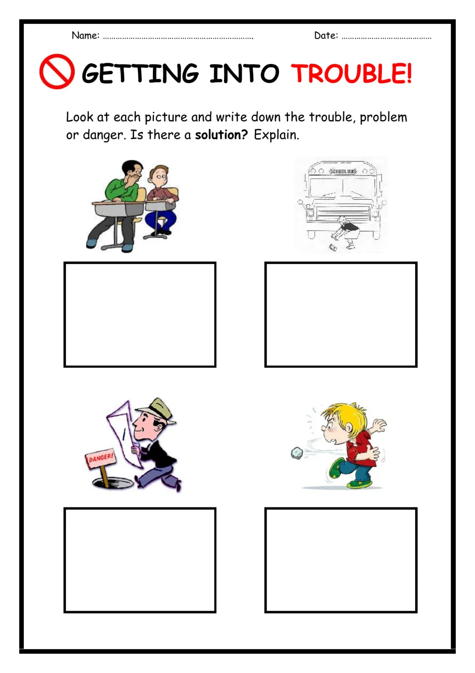 Spotting danger: students name the problem in 4 scenes, like a child at a bus or a man near an open hole, and a solution
