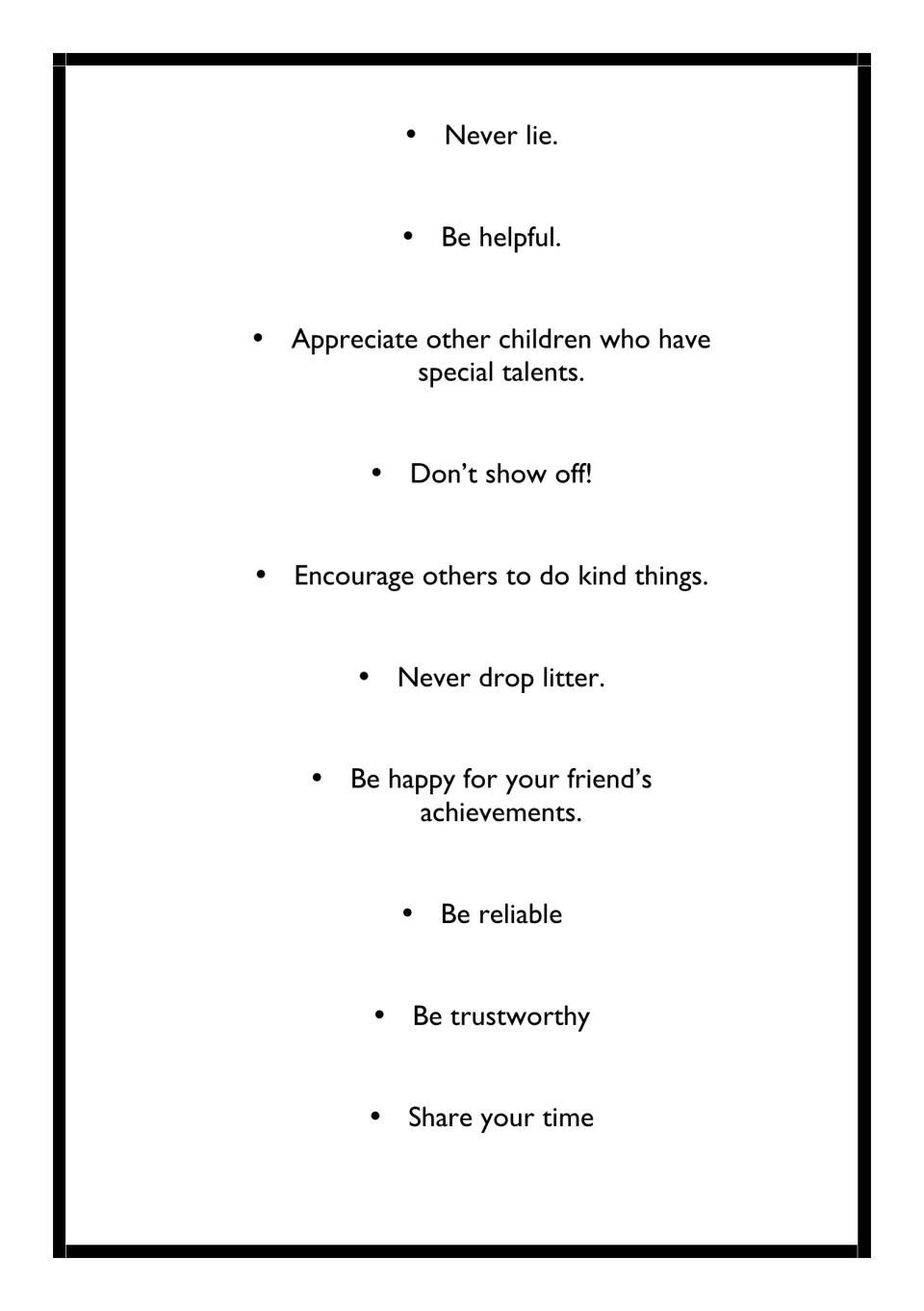 Character traits list of 10 rules including Never lie, Be helpful, Don't show off, Never drop litter and Share your time