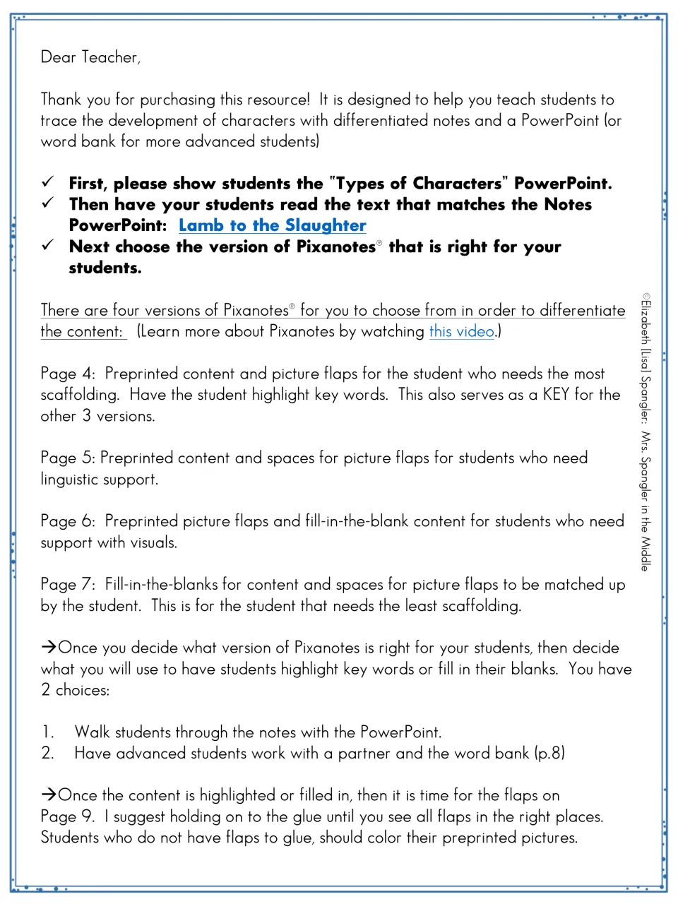 Dear Teacher letter: steps for the Types of Characters slides, the Lamb to the Slaughter text and four Pixanotes versions