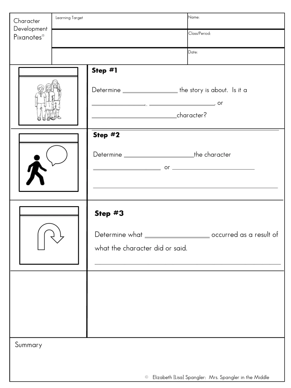 Character development fill-in notes: students complete steps on who the character is, what they did or said and change