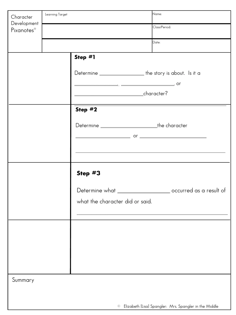 Character development blank notes: students fill in steps on character type, actions or words and change, then glue flaps