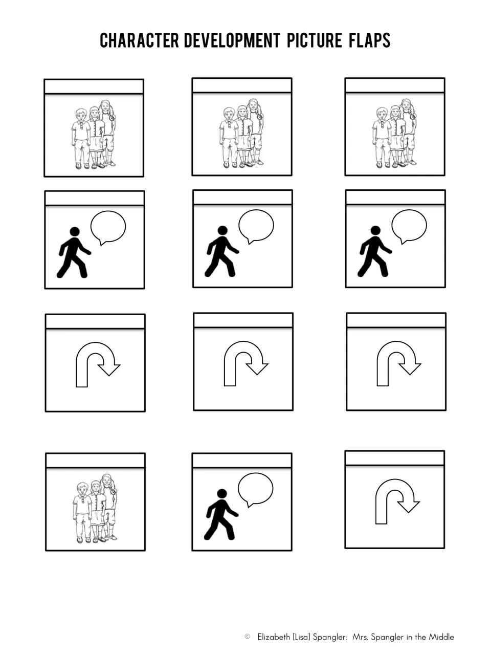 Character development picture flaps: students cut out group, walking speaker and U-turn arrow flaps to glue by each step