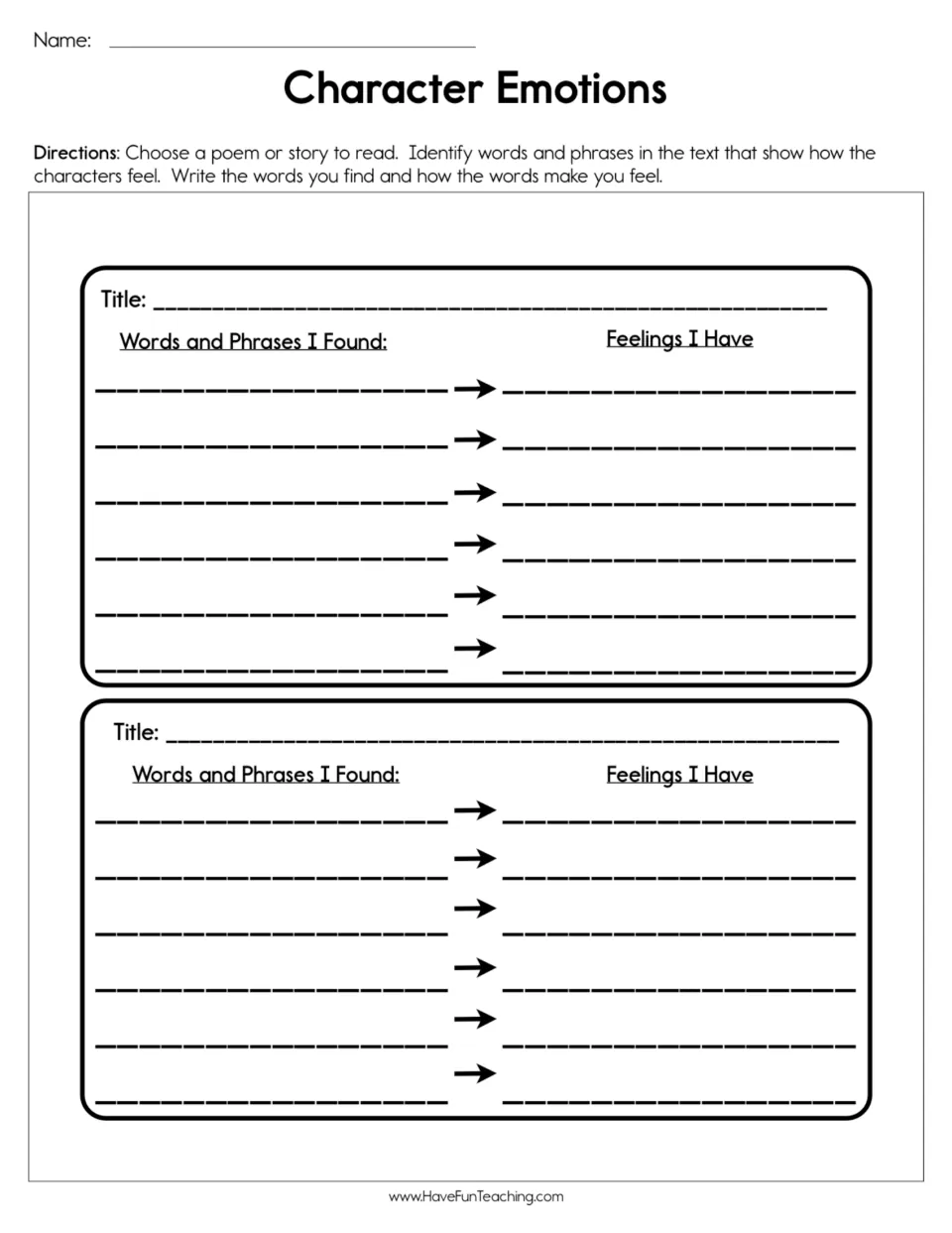 Character emotions practice for two texts, pairing "Words and Phrases I Found" with "Feelings I Have".