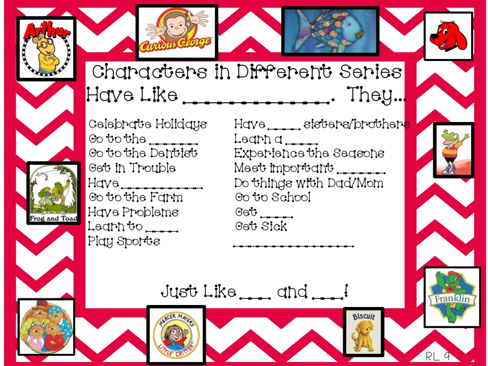 Fill-in version of the series characters chart: students complete blanks such as Go to the ___ and Just Like ___ and ___!