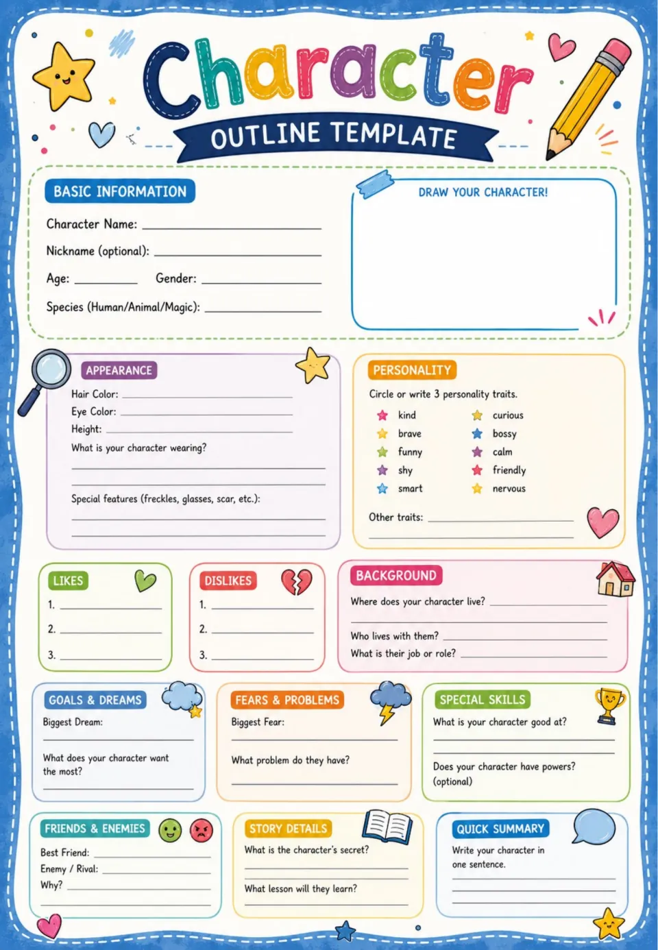 One-page character planner: students draw their character and fill in traits, likes, background, fears and a summary