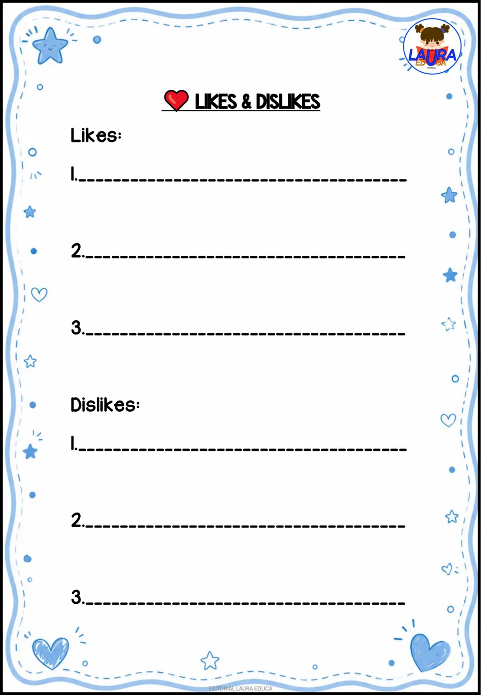 Likes and dislikes: students list three things their character likes and three things the character dislikes