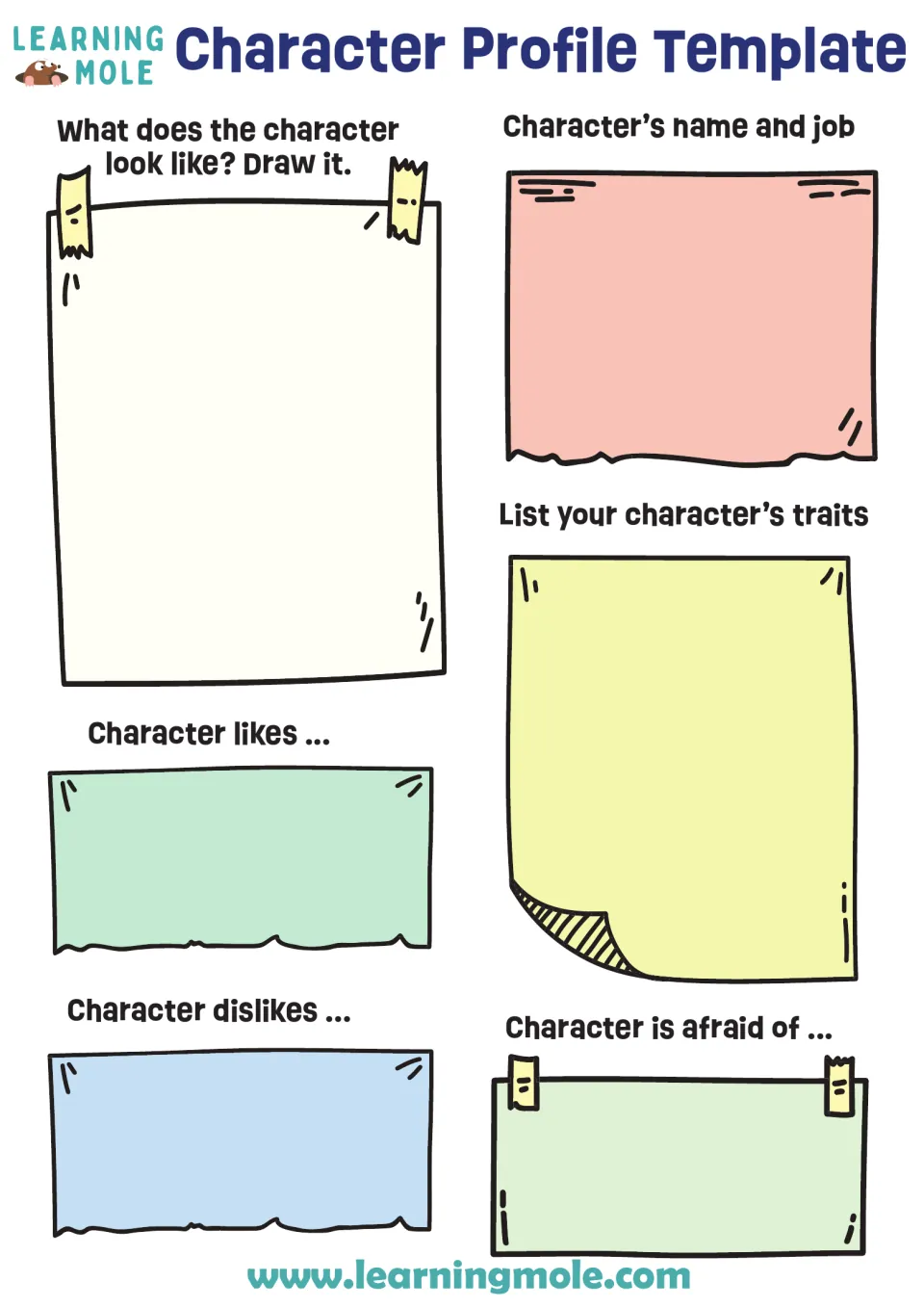 Character profile: students draw a character, note name and job, then list traits, likes, dislikes and fears