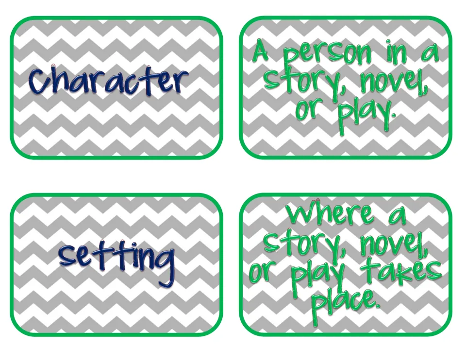 Story element matching cards: Character pairs with a person in a story; Setting pairs with where a story takes place