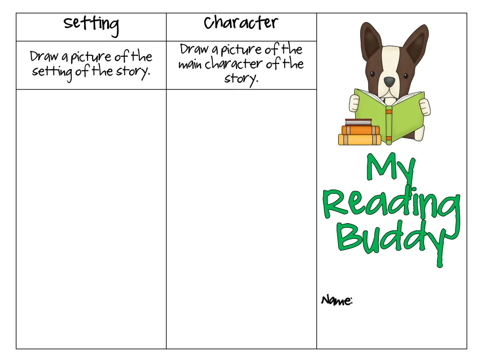 My Reading Buddy bookmark front: students draw the setting and the main character of their book and write their name