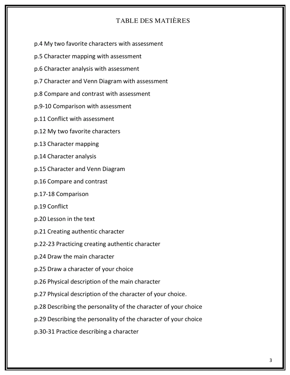 Table des matières listing activities on pages 4 to 31, such as character mapping, Venn diagrams, conflict and drawing