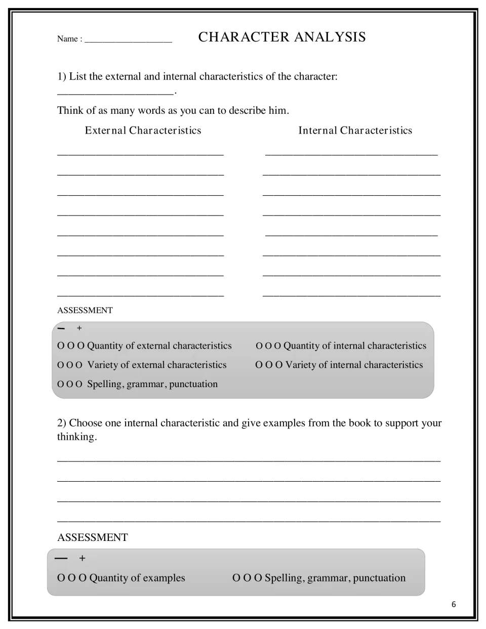 Character analysis: students list external and internal traits, then back up one internal trait with examples from the book