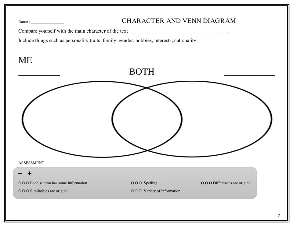 Character and Venn diagram: students compare themselves with a main character by traits, family, hobbies and nationality