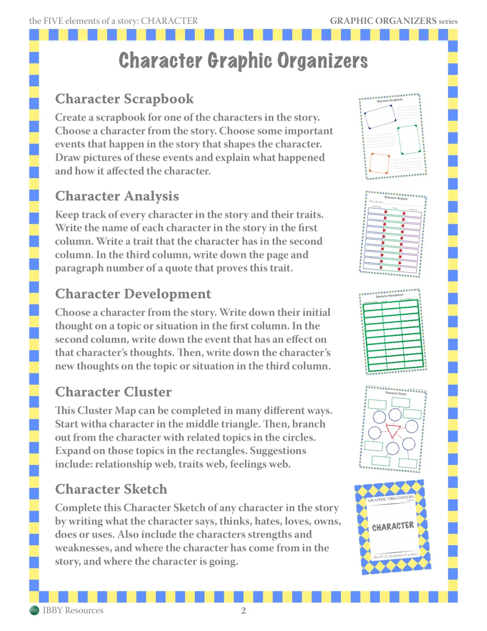 Directions for more character organizers: Scrapbook, Analysis, Development, Cluster and Sketch, each with a thumbnail
