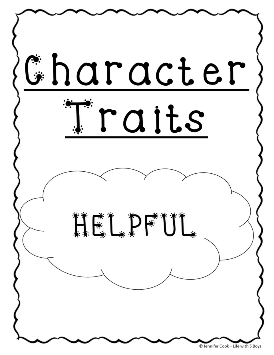 Character trait book cover labeled 'Character Traits' and 'HELPFUL' for assembling the activity pages.