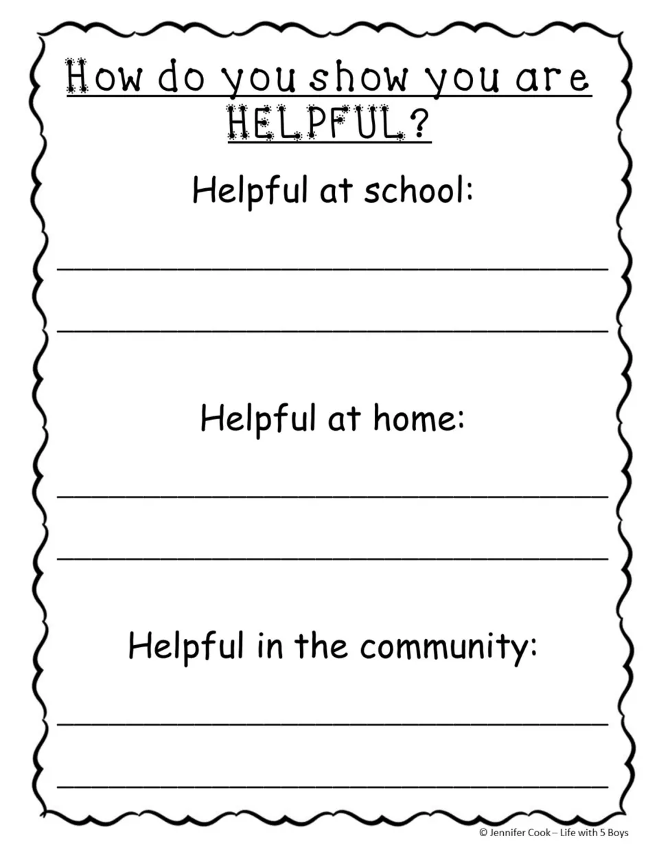 Helpfulness brainstorming page asks how students show they are helpful at school, at home, and in the community.