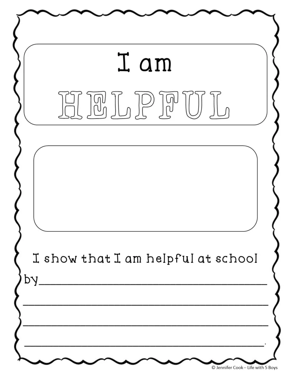 Helpfulness writing-and-drawing activity starts 'I am HELPFUL' and asks how students are helpful at school.