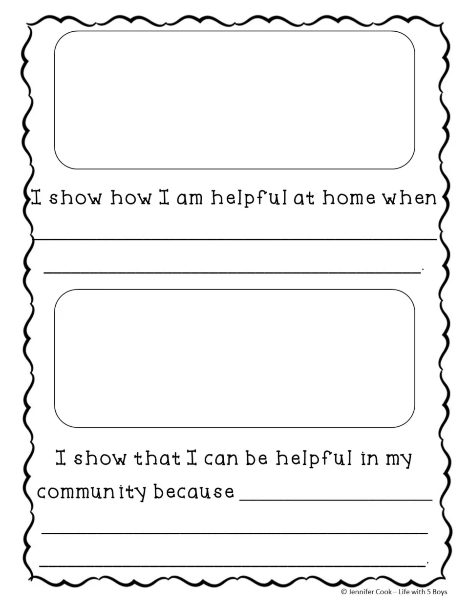 Helpfulness writing-and-drawing activity asks students to finish sentences about helping at home and in the community.
