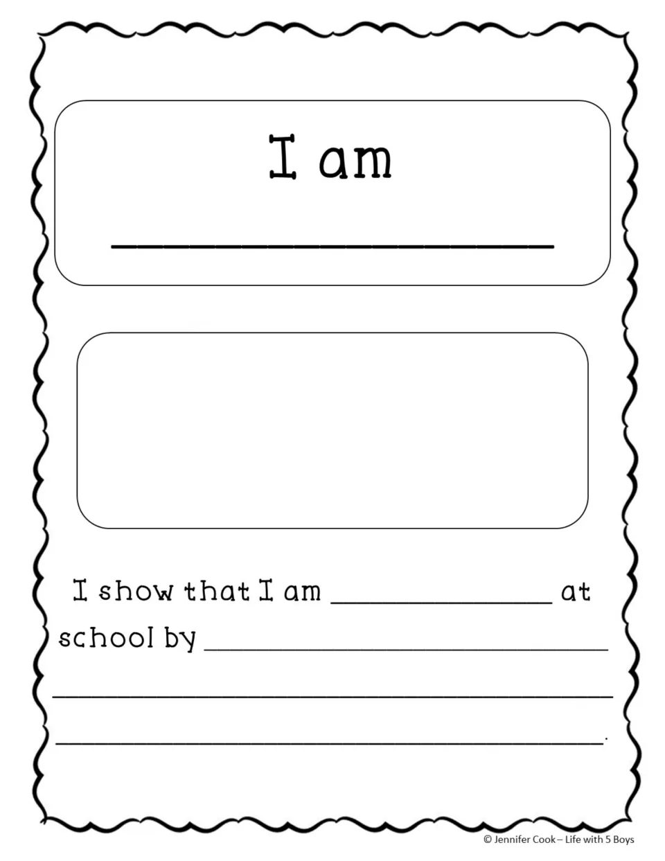 Customizable character-trait activity asks students to name a trait and explain how they show it at school.