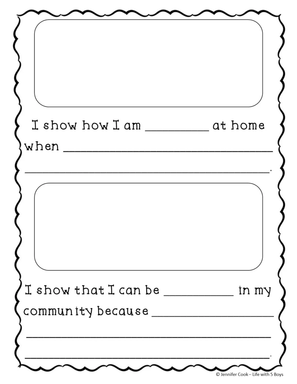 Customizable character-trait activity asks students how they show a chosen trait at home and in their community.