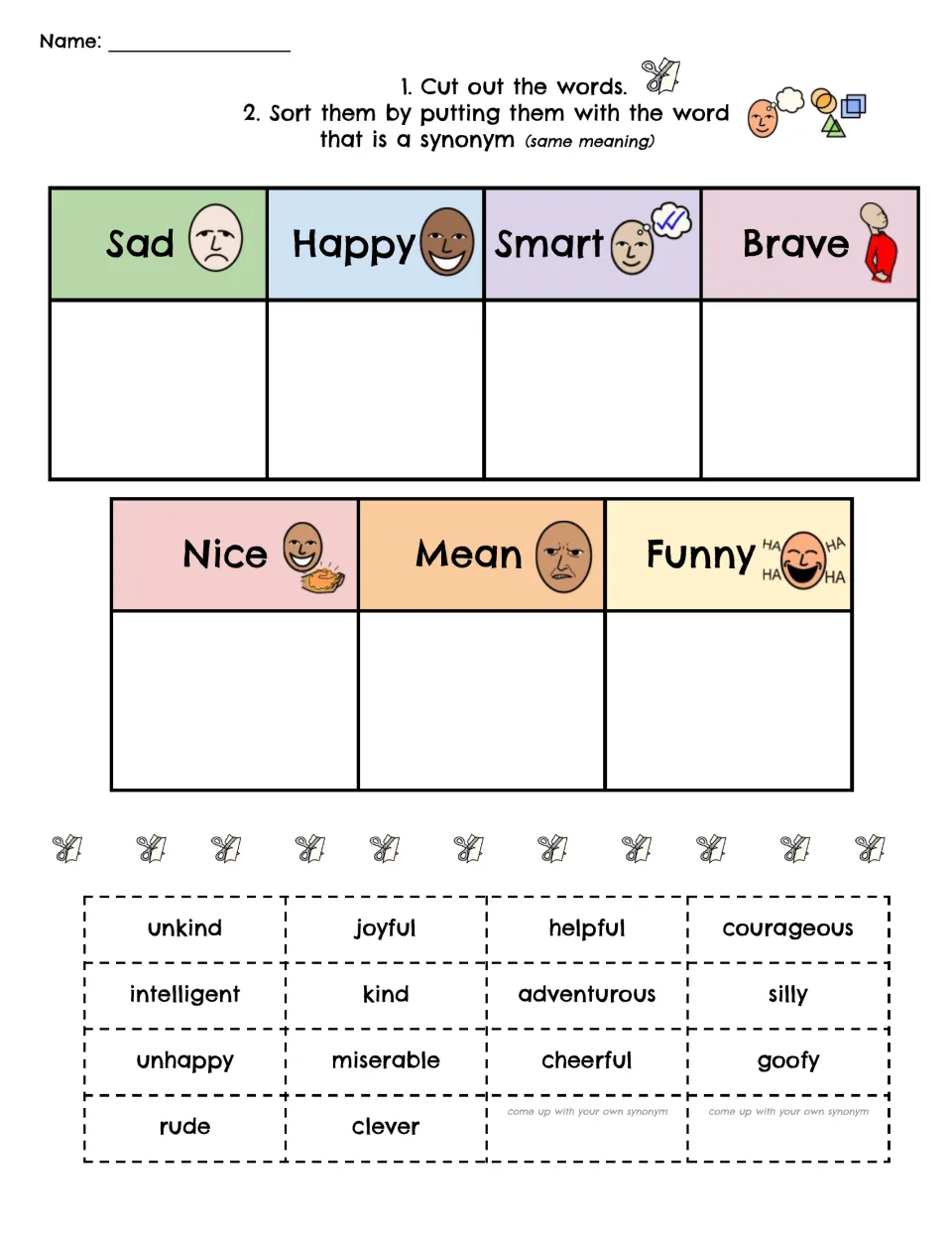 Character trait synonyms: students cut out words like joyful and rude and sort them under 7 traits such as Happy