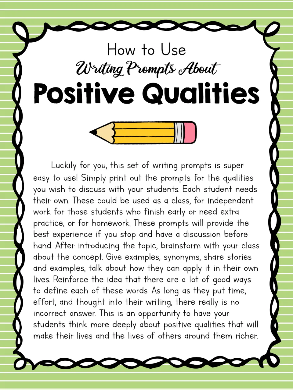 How to Use directions: print chosen prompts, brainstorm synonyms and stories as a class, then students write on their own