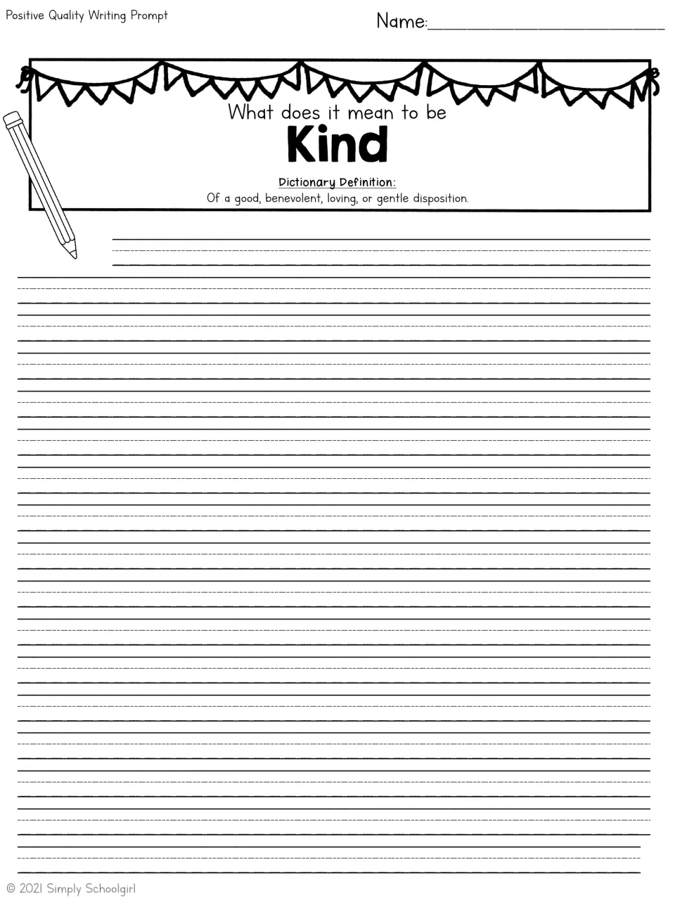 Kind: students read the definition 'of a good, benevolent, loving, or gentle disposition' and explain what being kind means
