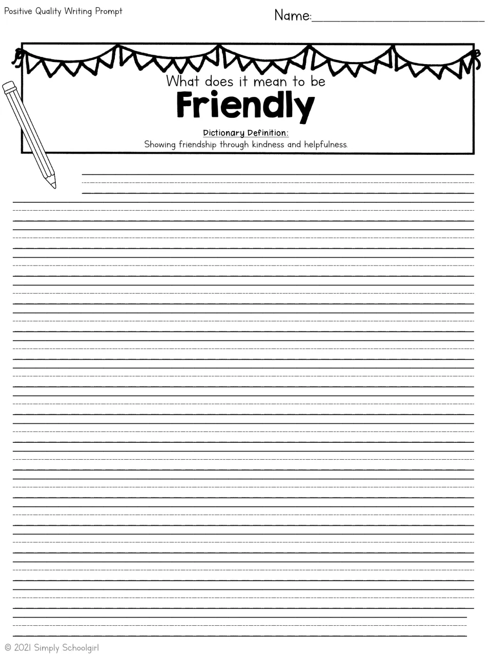 Friendly: with the definition 'showing friendship through kindness and helpfulness,' students explain friendliness