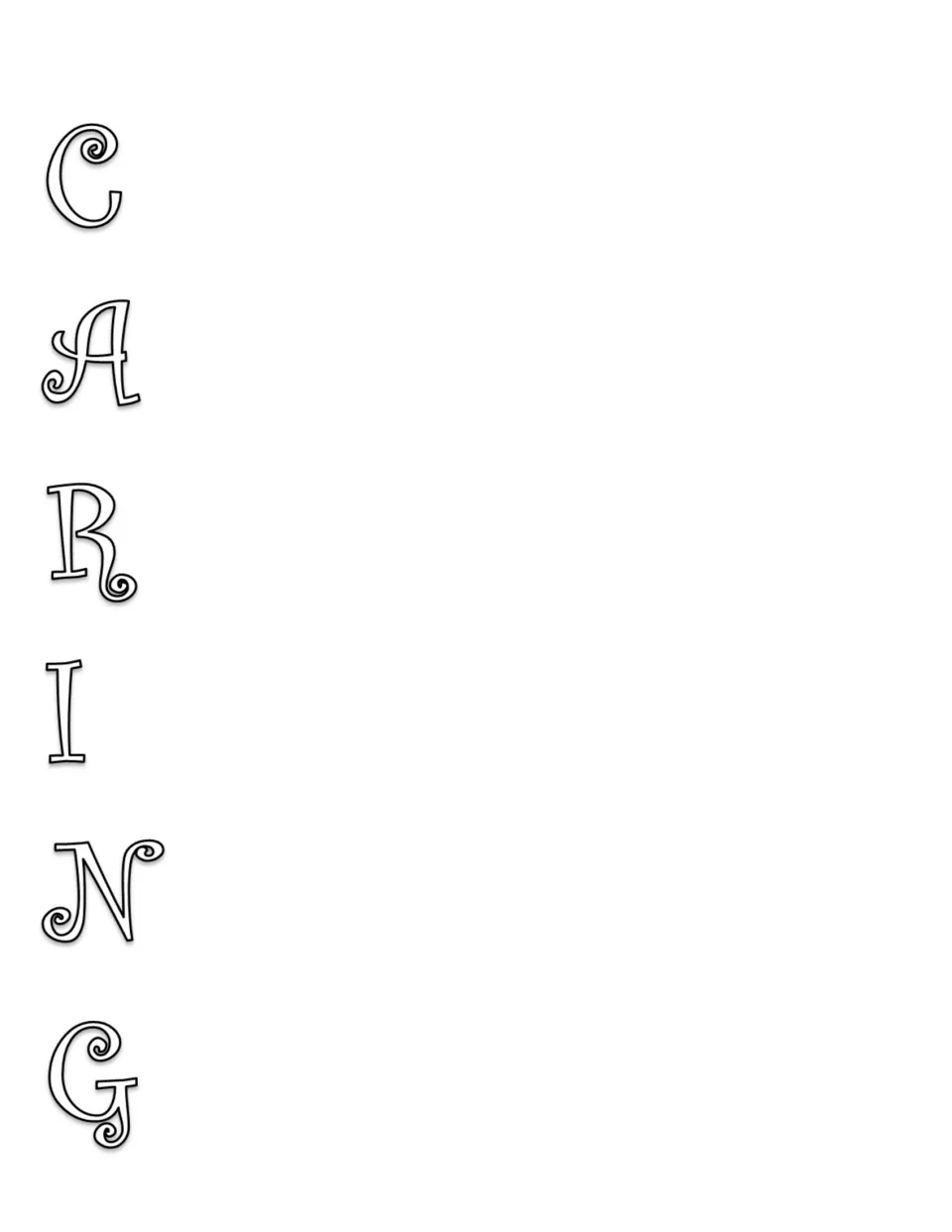 Caring acrostic poem template with black outline letters spelling CARING for students to begin each line.