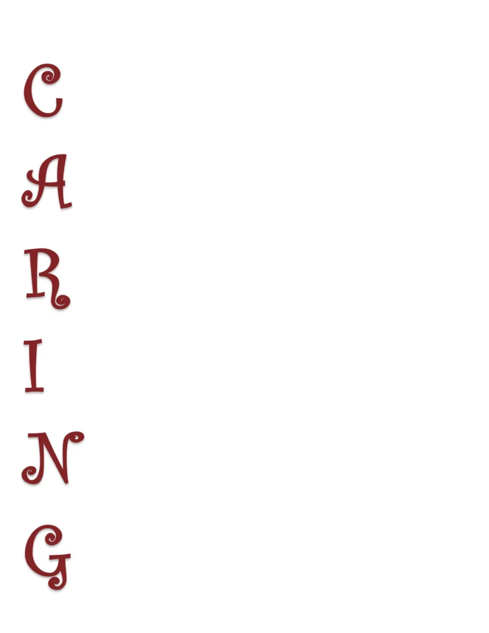 Caring acrostic poem template with dark red letters spelling CARING for students to write about the trait.