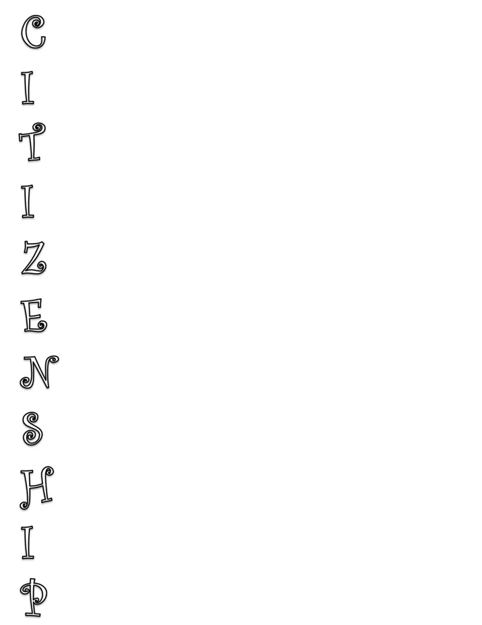 Citizenship acrostic poem template with black outline letters spelling CITIZENSHIP as prompts for writing.