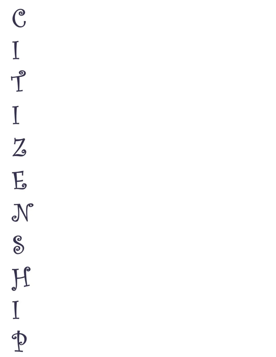 Citizenship acrostic poem template with dark purple letters spelling CITIZENSHIP as prompts for writing.