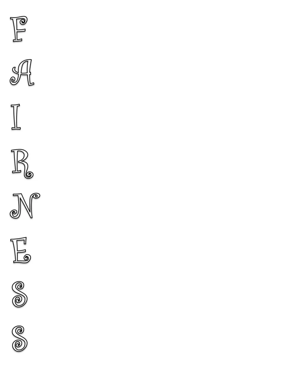 Fairness acrostic poem template with black outline letters spelling FAIRNESS for students to begin each line.
