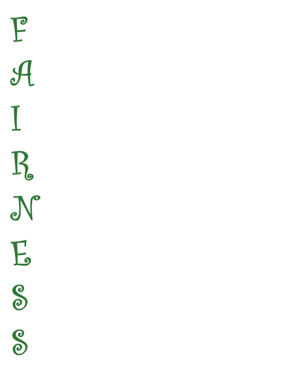 Fairness acrostic poem template with green letters spelling FAIRNESS for students to write about the trait.