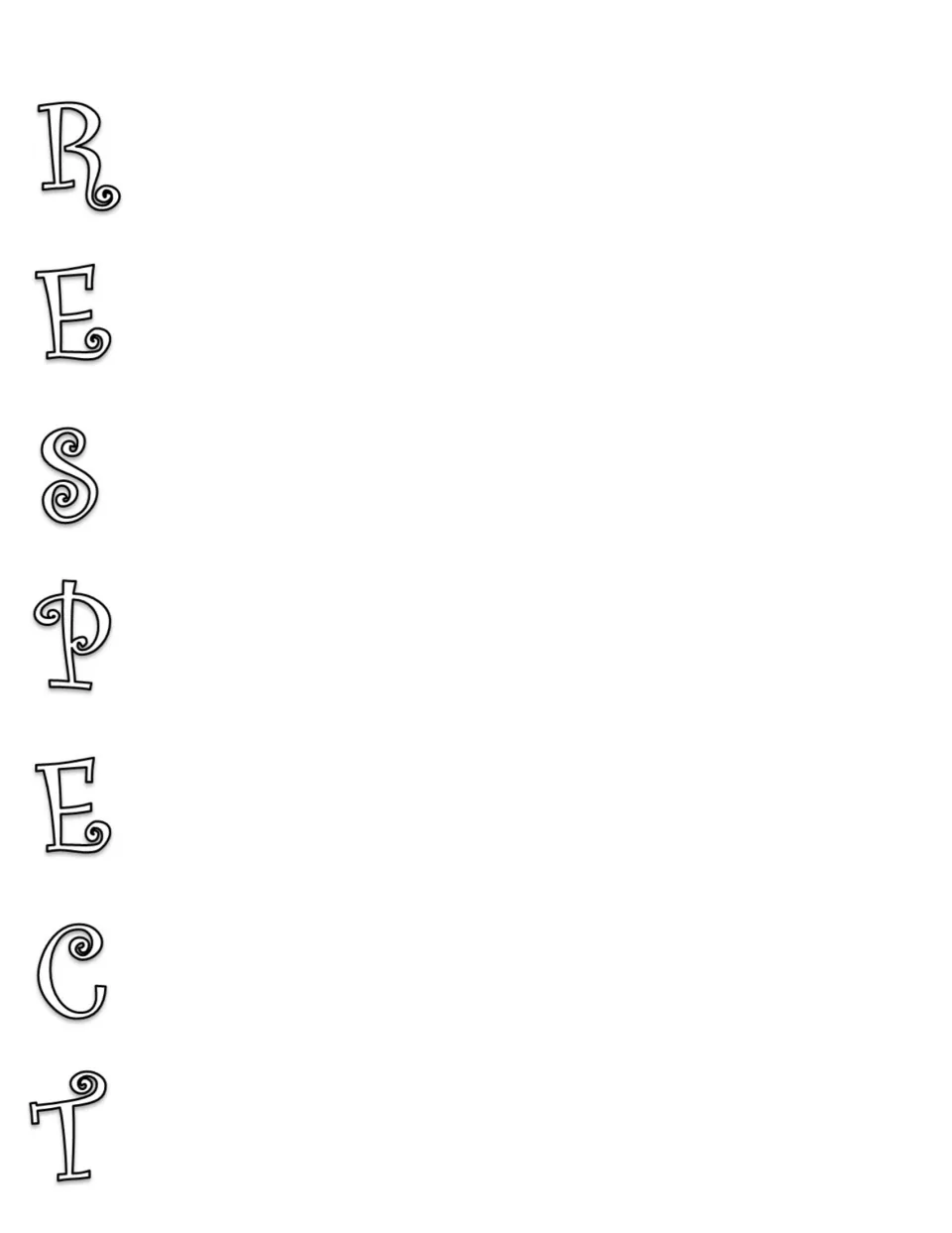 Respect acrostic poem template with black outline letters spelling RESPECT for students to begin each line.