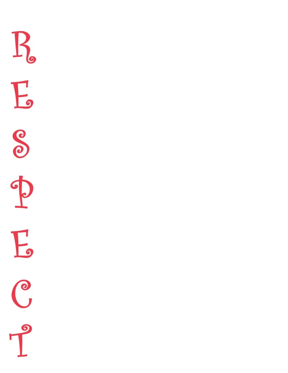 Respect acrostic poem template with red letters spelling RESPECT for students to write about the trait.